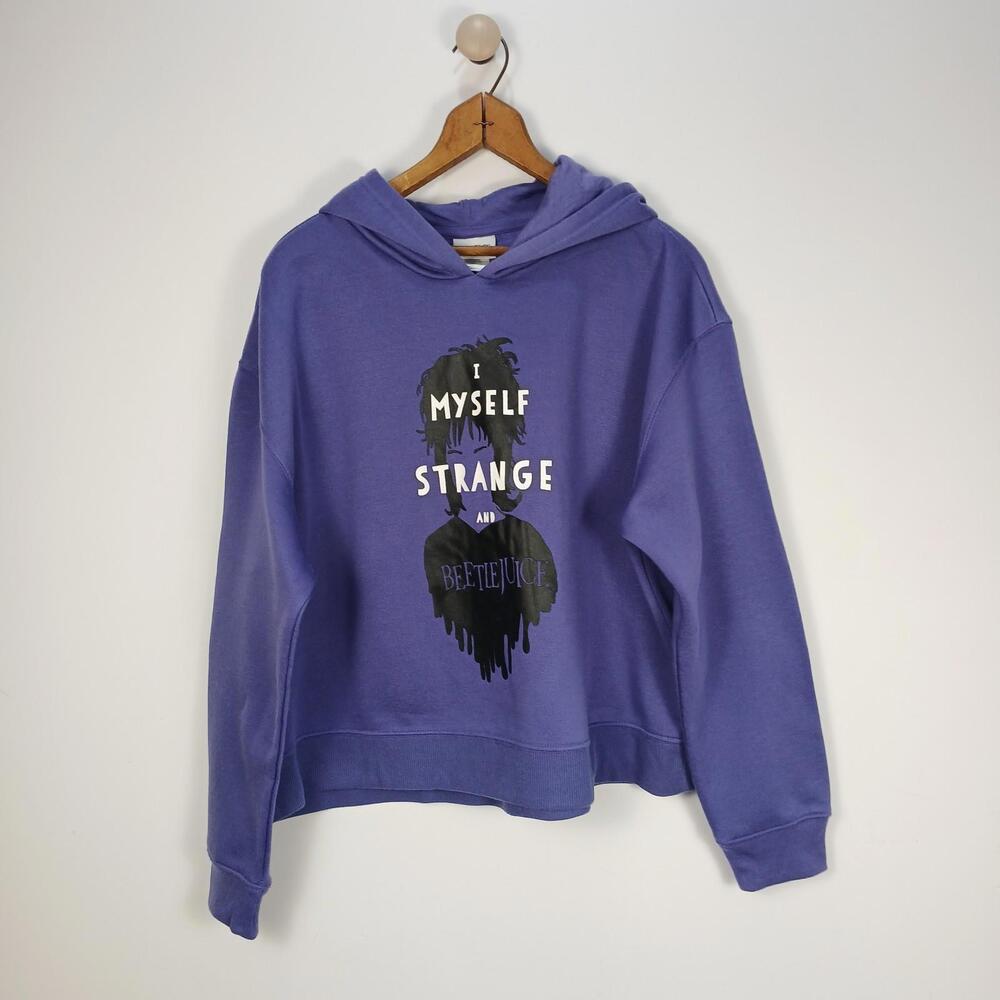 Beetlejuice Graphic Hoodie XL Purple Cropped Sweatshirt I Myself Strange